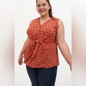 Torrid Peplum Georgette Button-Front Tie-Front Blouse Sz 3X Orange Leopa…